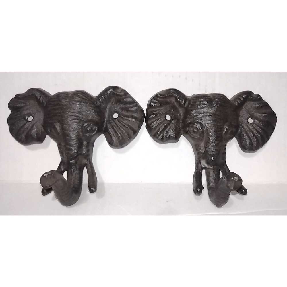 2 Vintage Cast Iron Elephant Head Wall Hooks